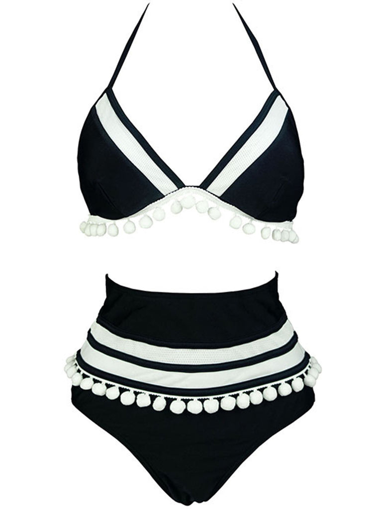 1970s Halter Patchwork Pom Pom Swimsuit, vintage swimsuit, pin-up swimwear - perfect for women who love vintage and retro fashion