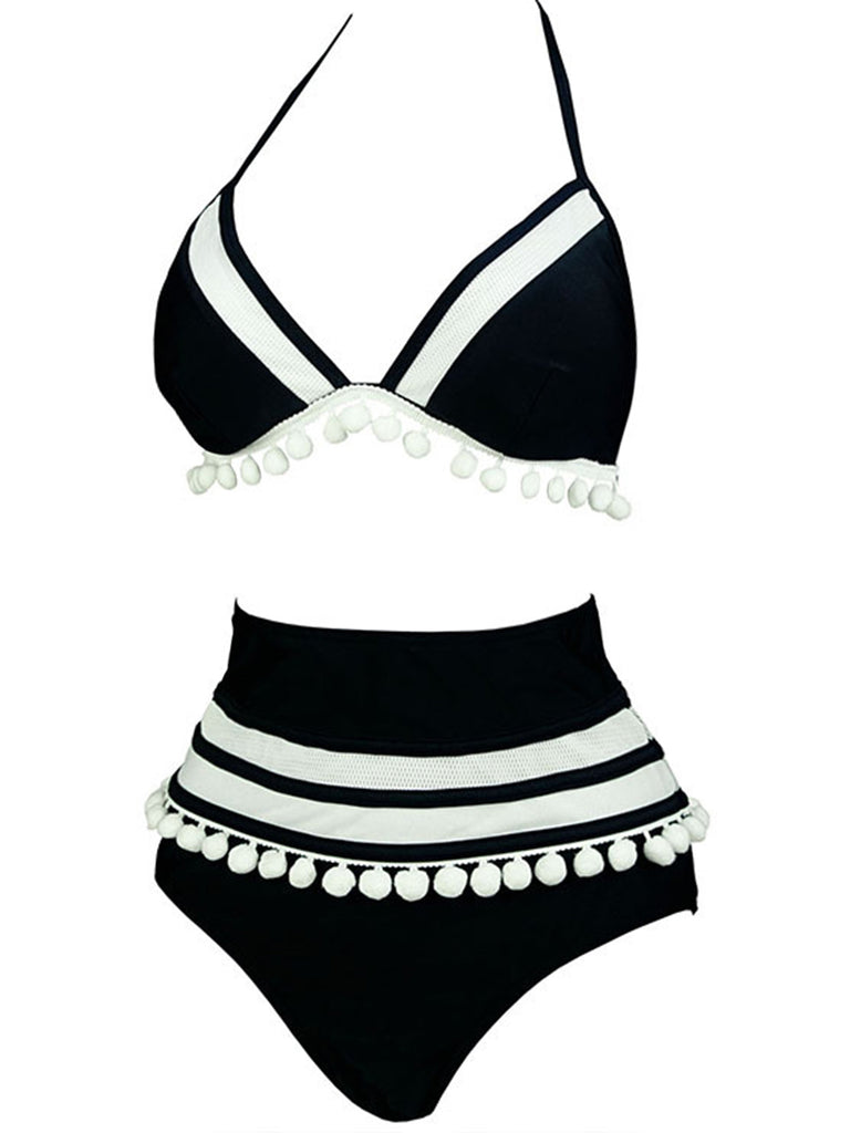1970s Halter Patchwork Pom Pom Swimsuit, vintage swimsuit, pin-up swimwear - perfect for women who love vintage and retro fashion