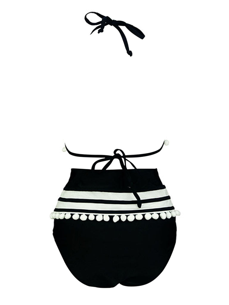 1970s Halter Patchwork Pom Pom Swimsuit, vintage swimsuit, pin-up swimwear - perfect for women who love vintage and retro fashion