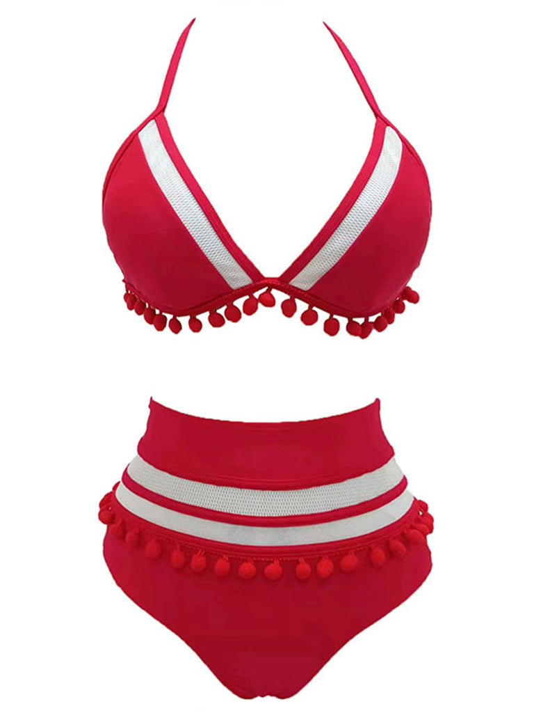 1970s Halter Patchwork Pom Pom Swimsuit, vintage swimsuit, pin-up swimwear - perfect for women who love vintage and retro fashion