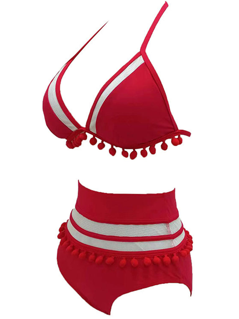 1970s Halter Patchwork Pom Pom Swimsuit, vintage swimsuit, pin-up swimwear - perfect for women who love vintage and retro fashion