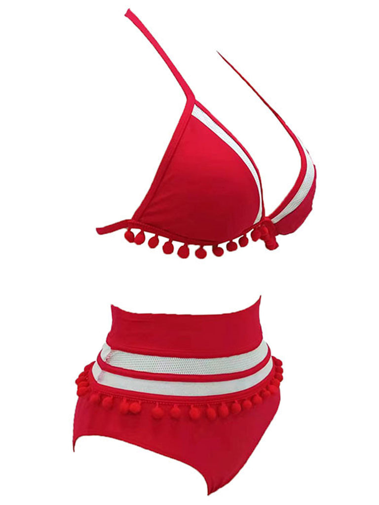 1970s Halter Patchwork Pom Pom Swimsuit, vintage swimsuit, pin-up swimwear - perfect for women who love vintage and retro fashion