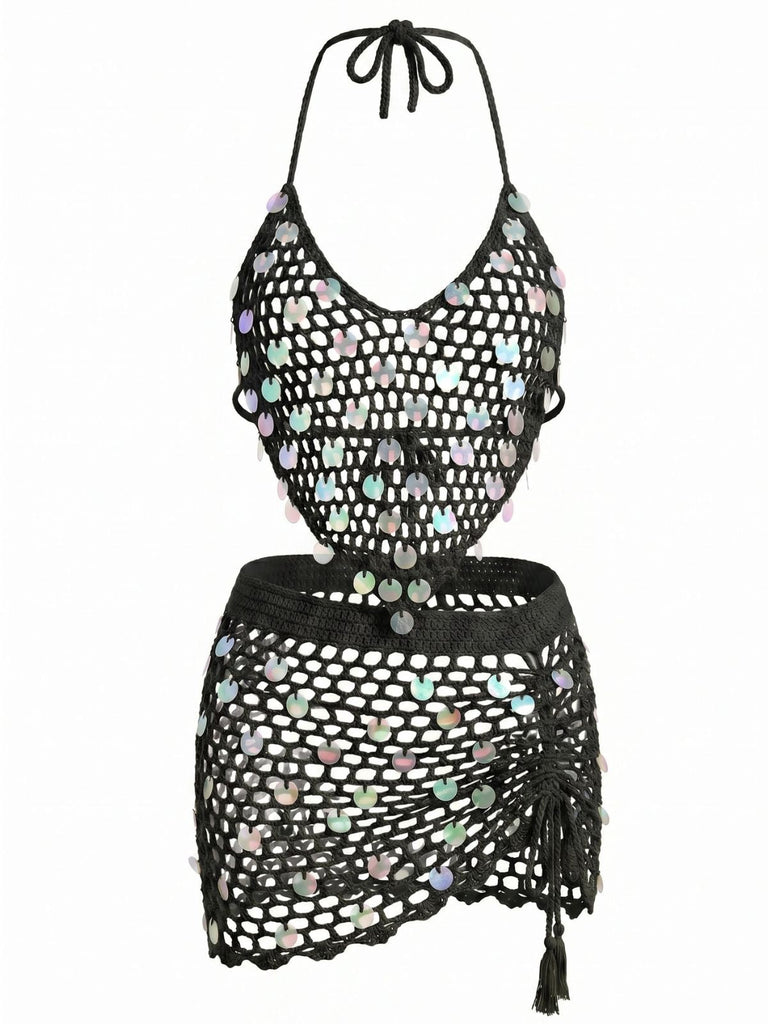1970s-Halter-Sequin-Crochet-Cover-Up-Set, vintage, retro