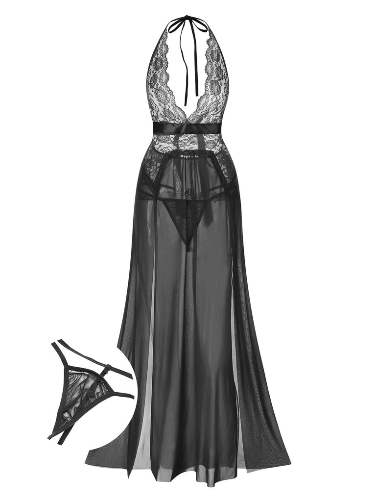 Women's Halter Lace Sheer Deep V-neck Slit Long Nightgown with Panties, Red / S Women's Halter Lace Sheer Deep V-neck Slit Long Nightgown with Panties, Red / S