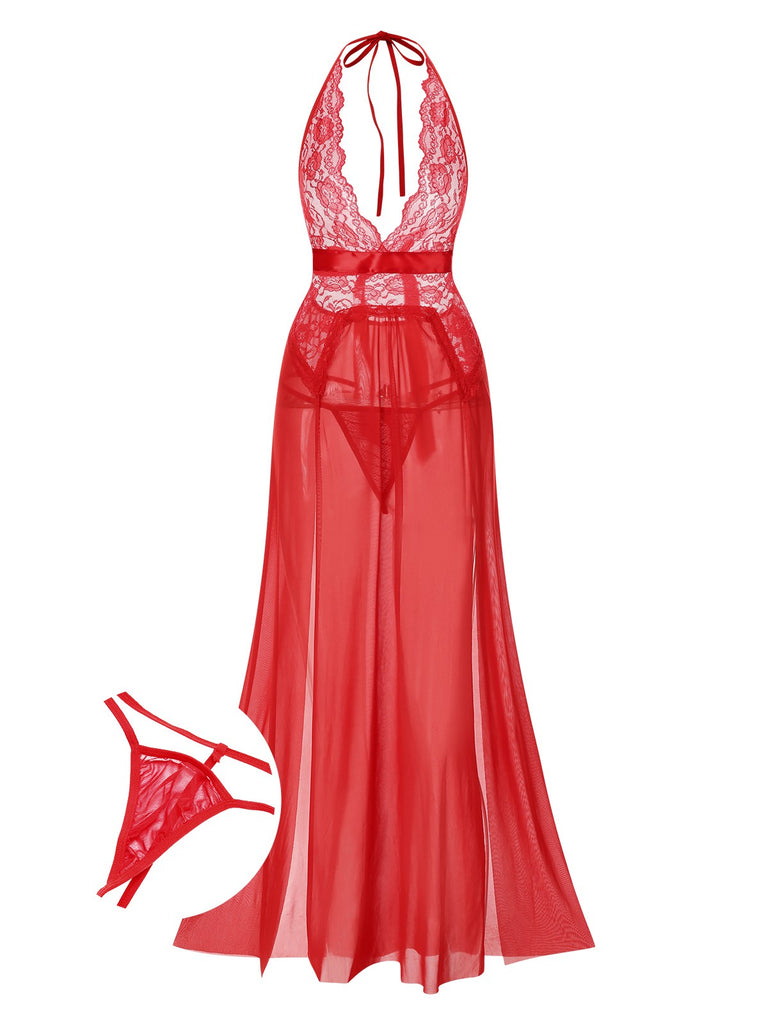1970s Halter Sheer Lace Slit Long Nightgown — the kind of 1970s dress that makes strangers smile