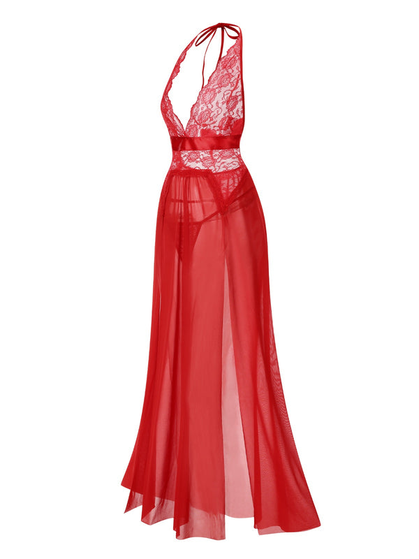 Women's Halter Lace Sheer Deep V-neck Slit Long Nightgown with Panties, Red / S