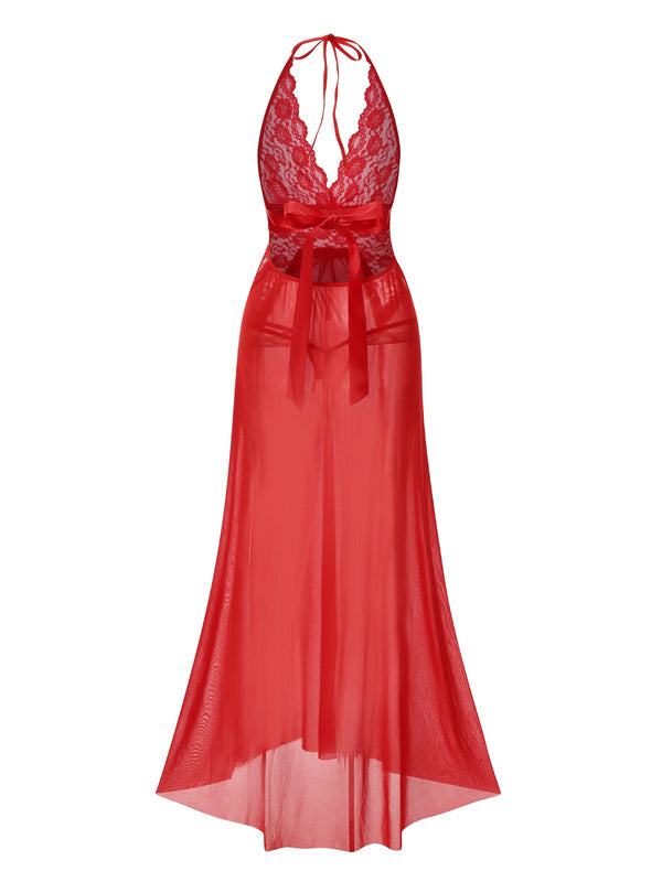 Women's Halter Lace Sheer Deep V-neck Slit Long Nightgown with Panties, Red / S