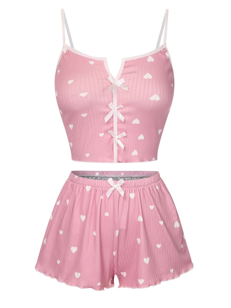 1970s Heart Bow Spaghetti Strap Pajamas, vintage pajamas, retro nightwear - perfect for women who love vintage and retro fashion