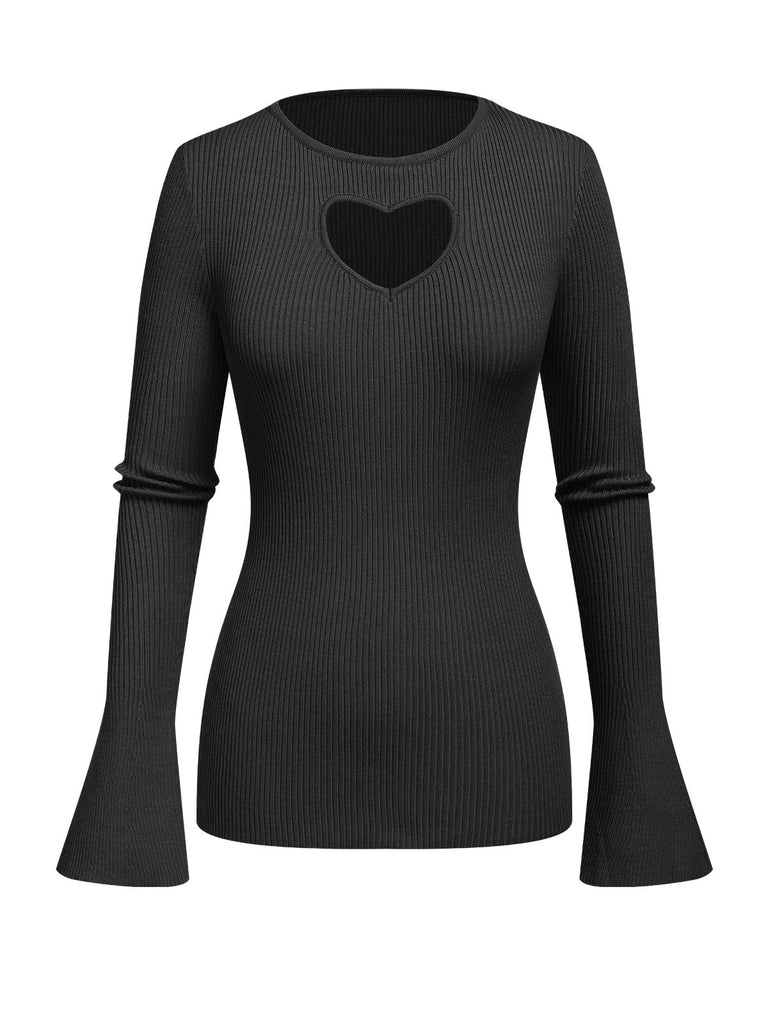 1970s Heart Cutout Knitted Solid Sweater — 1970s style that transcends decades