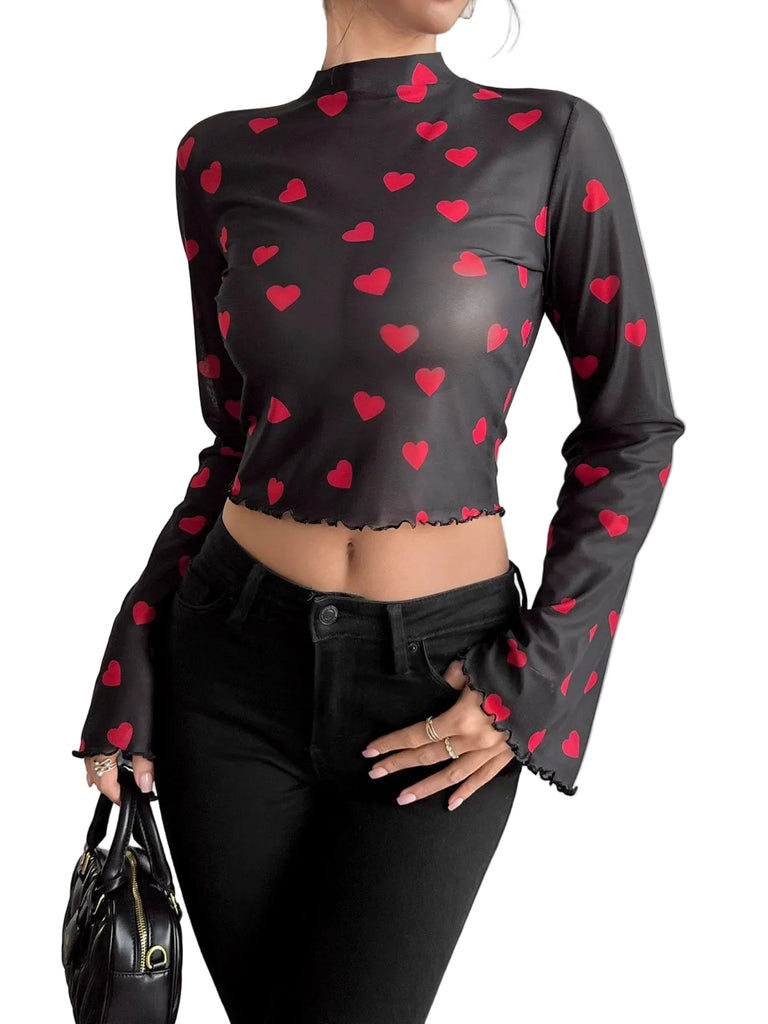 1970s Heart Mesh Flared Sleeve Cropped Top - vintage fashion, retro style, elegant red