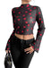 1970s Heart Mesh Flared Sleeve Cropped Top - vintage fashion, retro style, elegant red