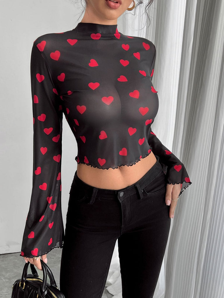 1970s Heart Mesh Flared Sleeve Cropped Top - vintage fashion, retro style, elegant red