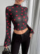 1970s Heart Mesh Flared Sleeve Cropped Top - vintage fashion, retro style, elegant red