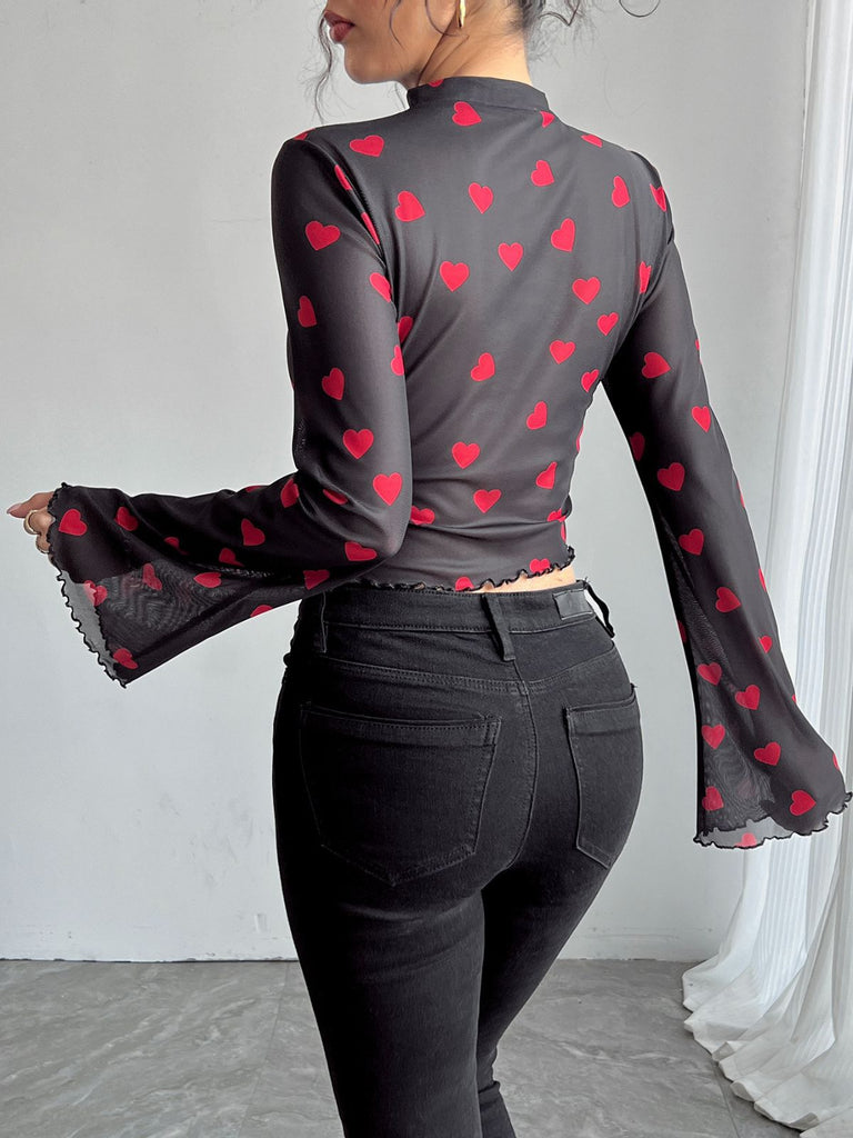 1970s Heart Mesh Flared Sleeve Cropped Top - vintage fashion, retro style, elegant red