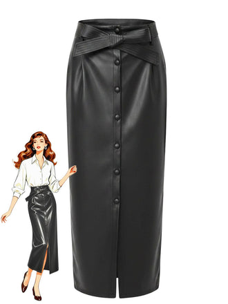 Belted PU Leather Vintage Maxi Skirt