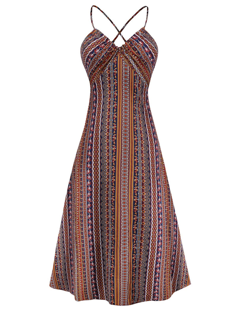 Floor Length Boho Dress Women's Striped Backless Dress Summer Festival Dress