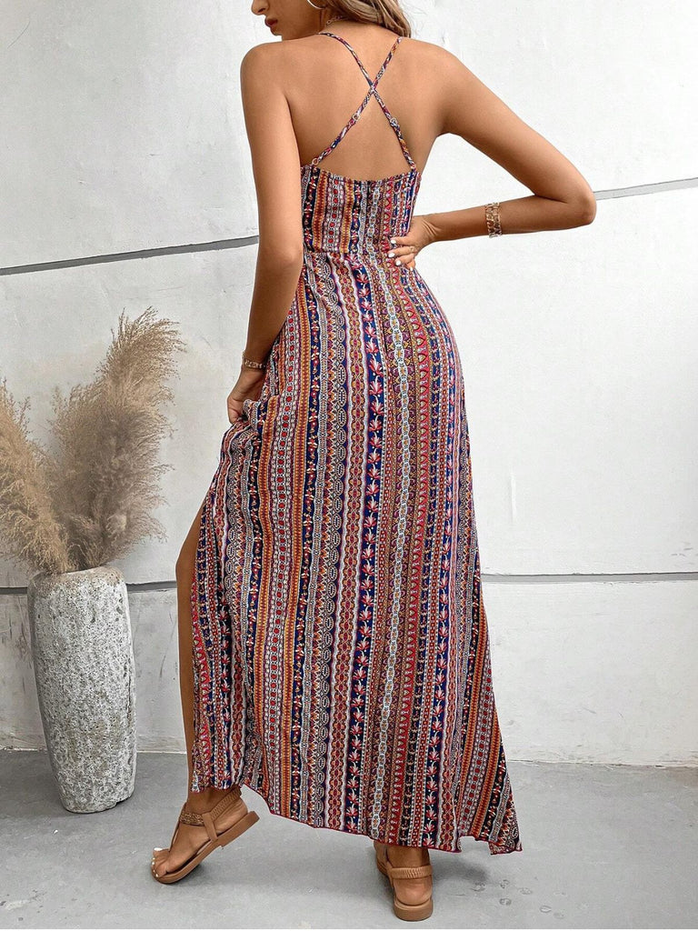 1970s Irregular Print Backless Boho Dress - vintage dress, retro fashion