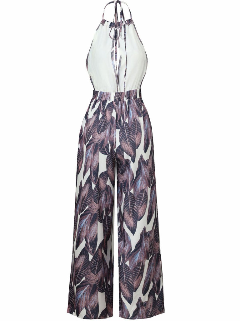 Purple 1970s Tropical Print V-Neck Wide Leg Jumpsuit - vintage jumpsuit, retro fashion