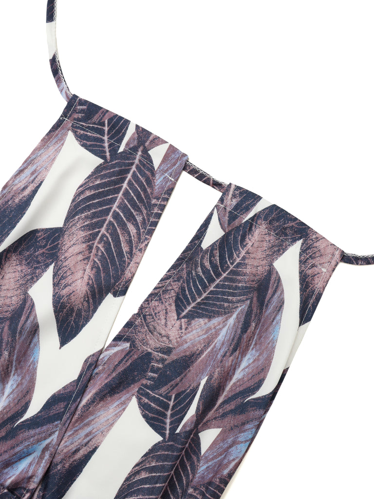 Purple 1970s Tropical Print V-Neck Wide Leg Jumpsuit - vintage jumpsuit, retro fashion