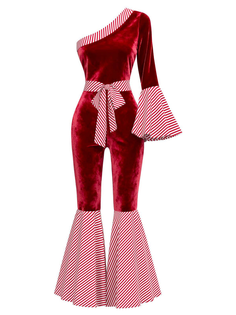 Red 1970s Velvet Candy Cane Stripe Bell Sleeve Jumpsuit - vintage jumpsuit, retro fashion, elegant red