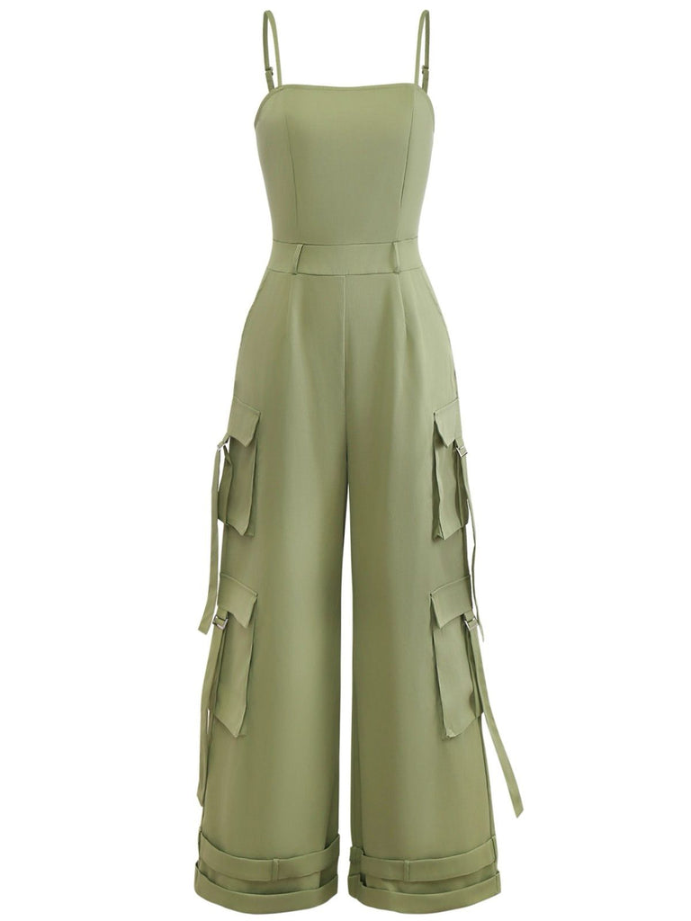 1970s Solid Spaghetti Strap Cargo Style Wide-Leg Jumpsuit - vintage jumpsuit, retro fashion