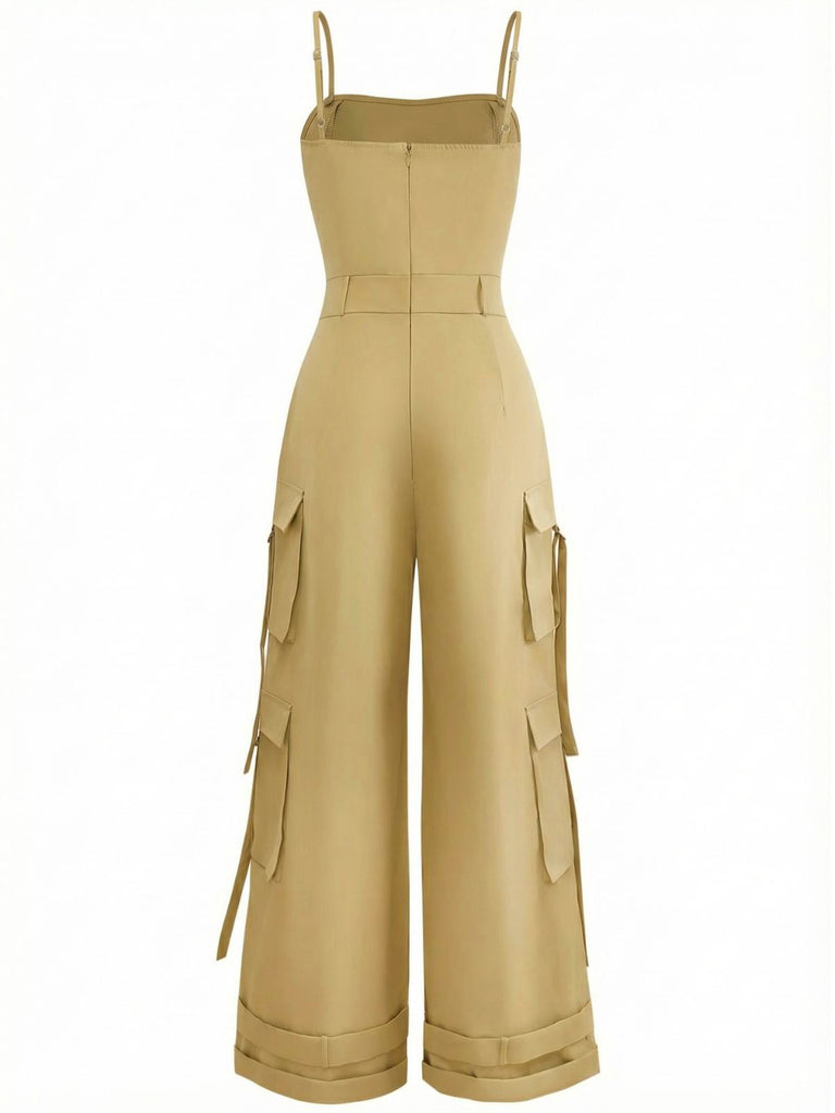1970s Solid Spaghetti Strap Cargo Style Wide-Leg Jumpsuit - vintage jumpsuit, retro fashion