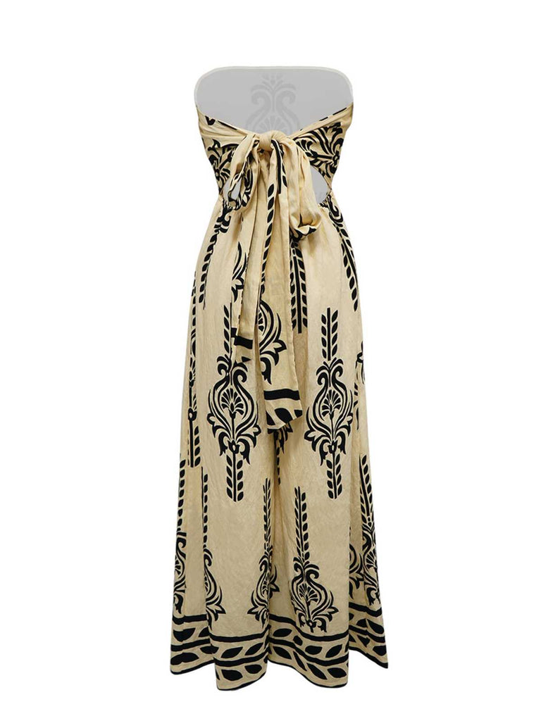 1970s Strapless Boho Tribal Printed Wide-Leg Jumpsuit - vintage jumpsuit, retro fashion