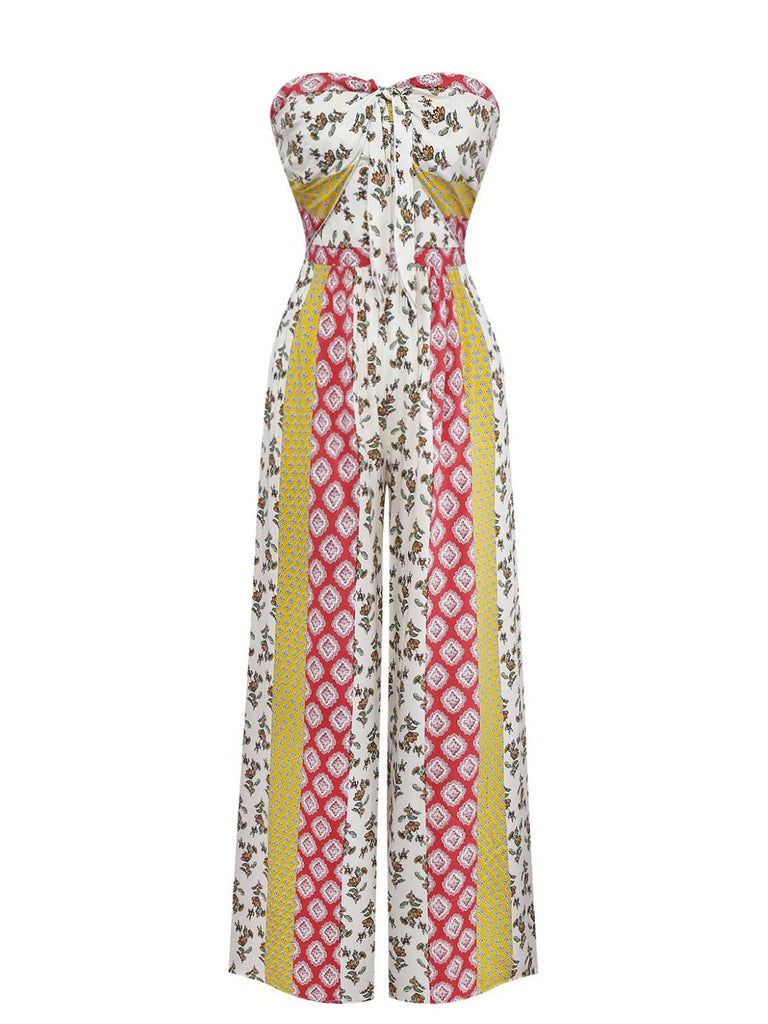 1970s Strapless Floral Geometric Print Boho Jumpsuit - vintage jumpsuit, retro fashion