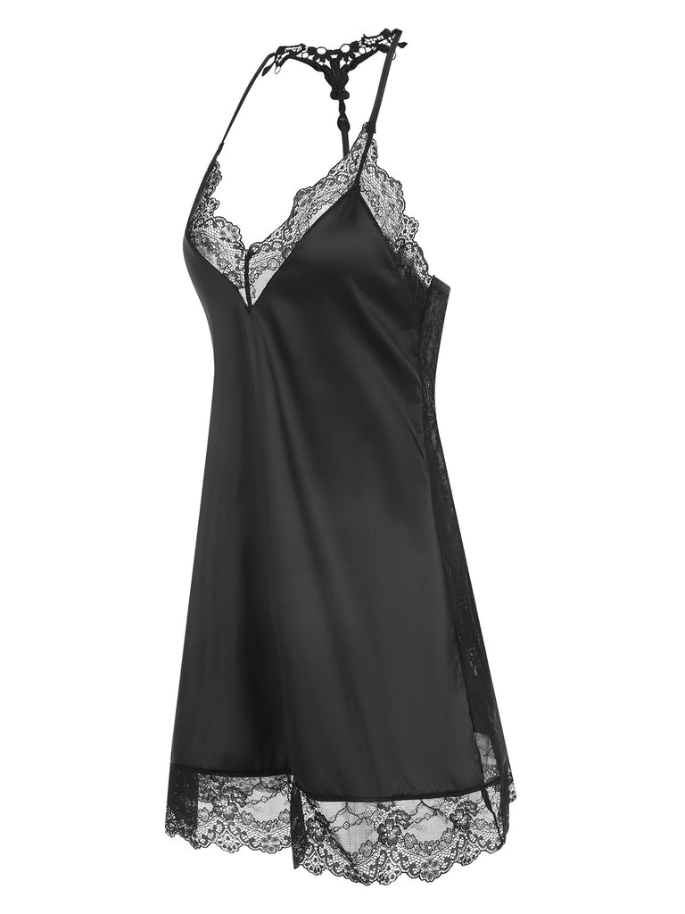 Retro Stage Satin Nightgown Slips Dress Lace Trim Chemise Deep Purple