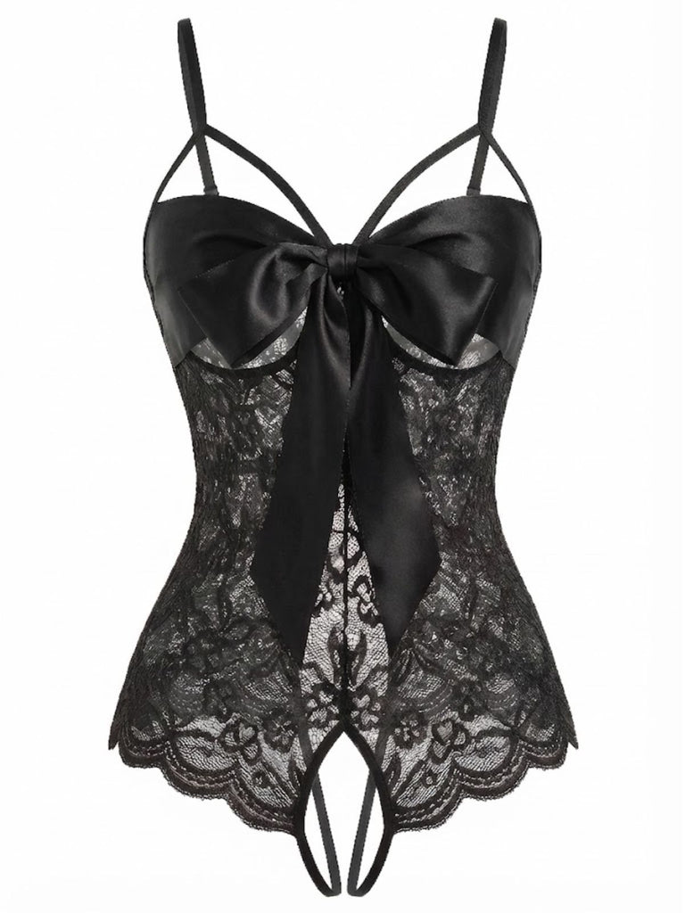 [Pre-Sale] Black 1970s Lace Satin Bow Adjustable Straps Lingerie, vintage fashion, retro style - perfect for women who love vintage and retro fashion