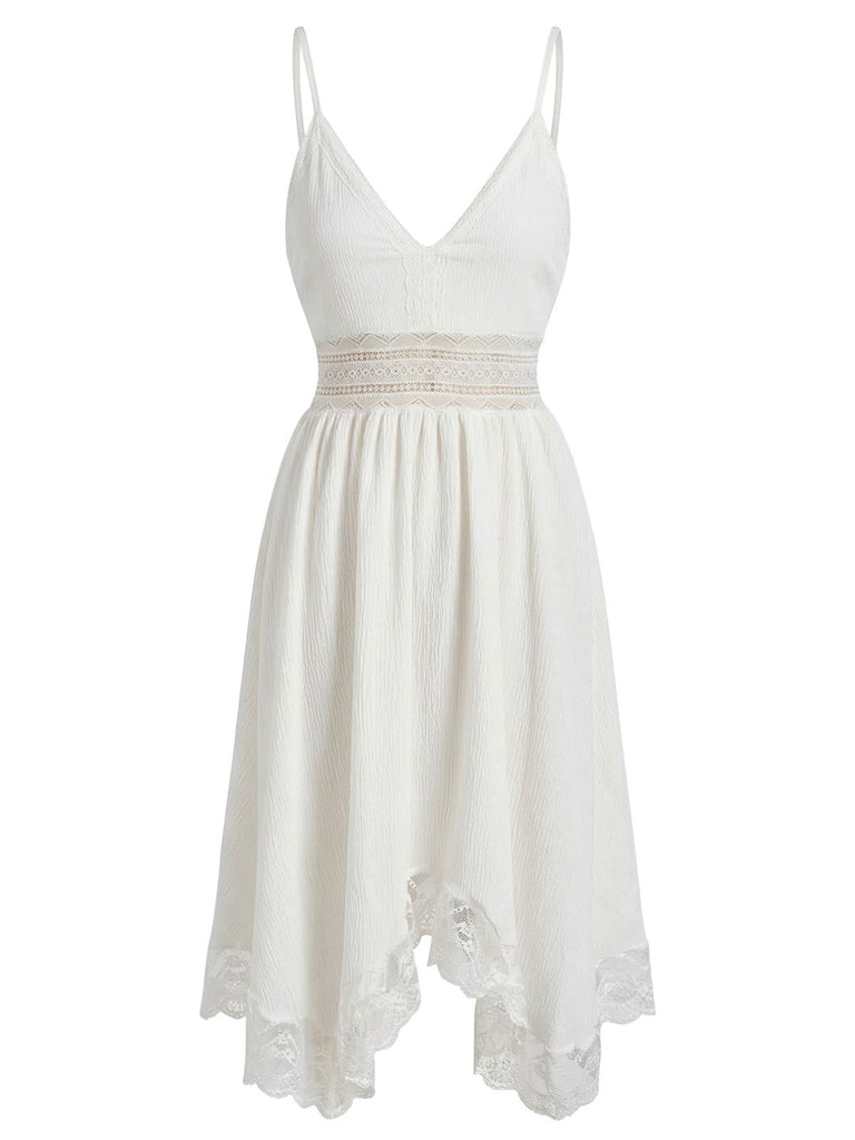 1970s Lace Textured V Neck Spaghetti Strap Dress, vintage dress, retro fashion, lace detail - perfect for women who love vintage and retro fashion