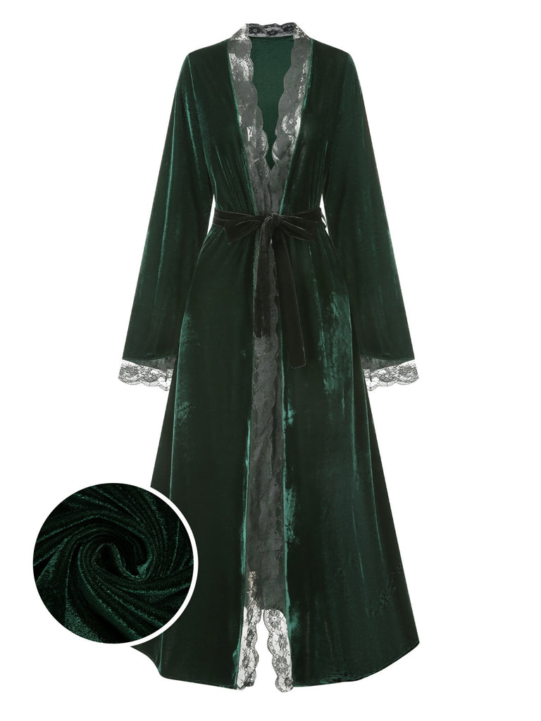 Women's Burgundy Velvet Patchwork Night Robe with Belt Women's Burgundy Velvet Patchwork Night Robe with Belt