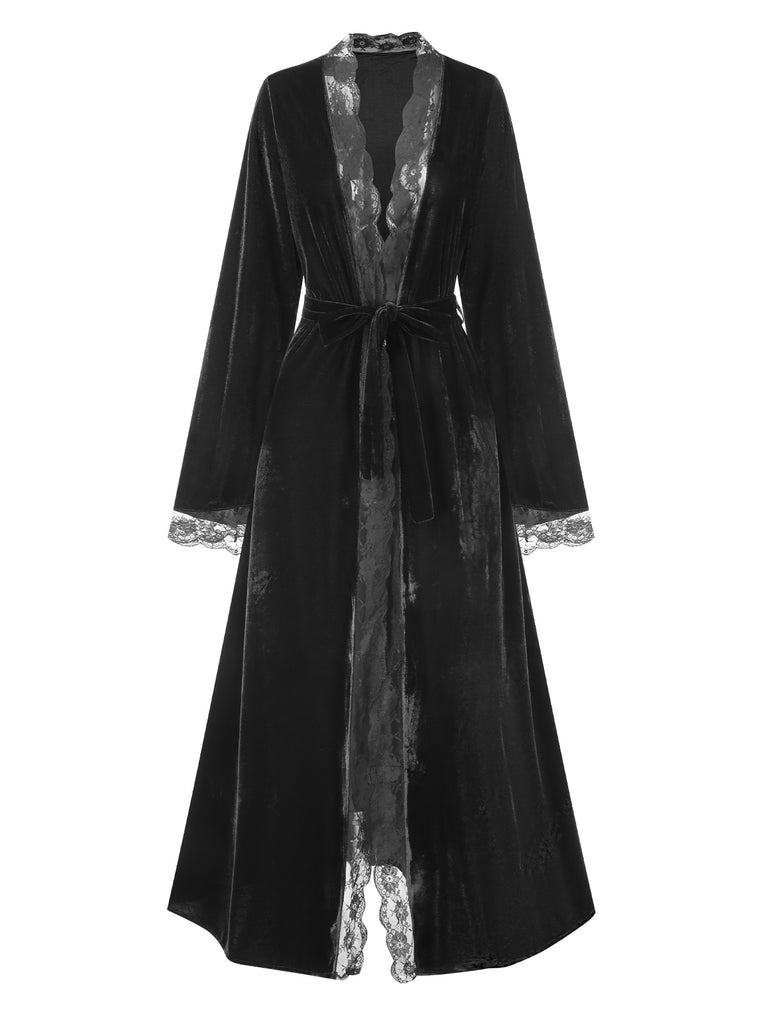 Women's Burgundy Velvet Patchwork Night Robe with Belt Women's Burgundy Velvet Patchwork Night Robe with Belt
