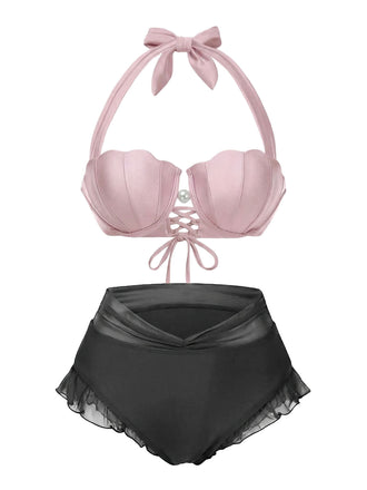 [Pre-Sale] Pink 1970s Mermaid Shell Halter Bikini Set