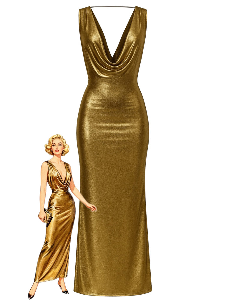 1970s Metallic Cowl Deep V-Neck Bodycon Dress | Retro Stage 1970s Metallic Cowl Deep V-Neck Bodycon Dress | Retro Stage