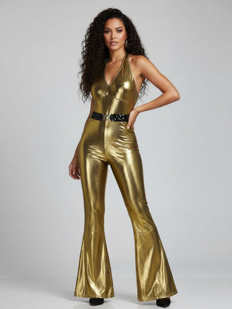 1970s Metallic Disco Halter Belted Jumpsuit, vintage romper, retro jumpsuit - perfect for women who love vintage and retro fashion
