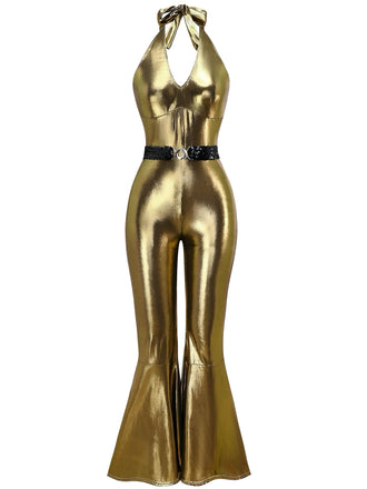 1970s Metallic Disco Halter Belted Jumpsuit - vintage jumpsuit, retro fashion