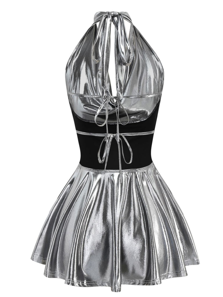 1970s Metallic V-Neck Pleated Mini Dress - vintage dress, retro fashion