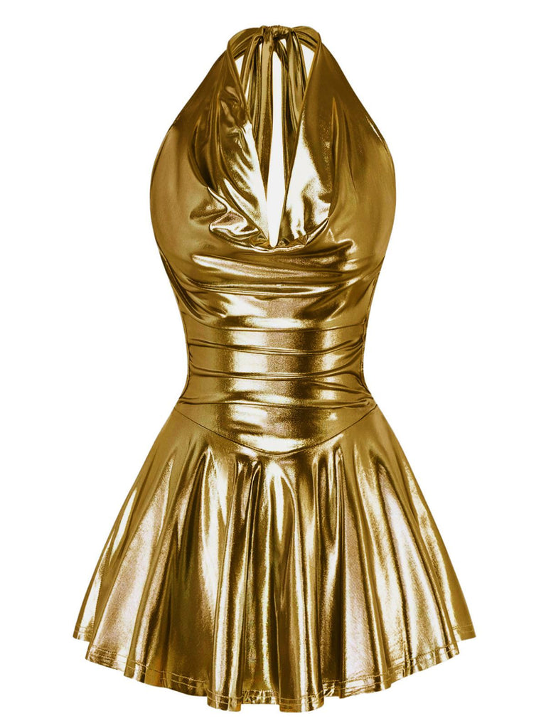 1970s Metallic V-Neck Pleated Mini Dress | Retro Stage 1970s Metallic V-Neck Pleated Mini Dress | Retro Stage