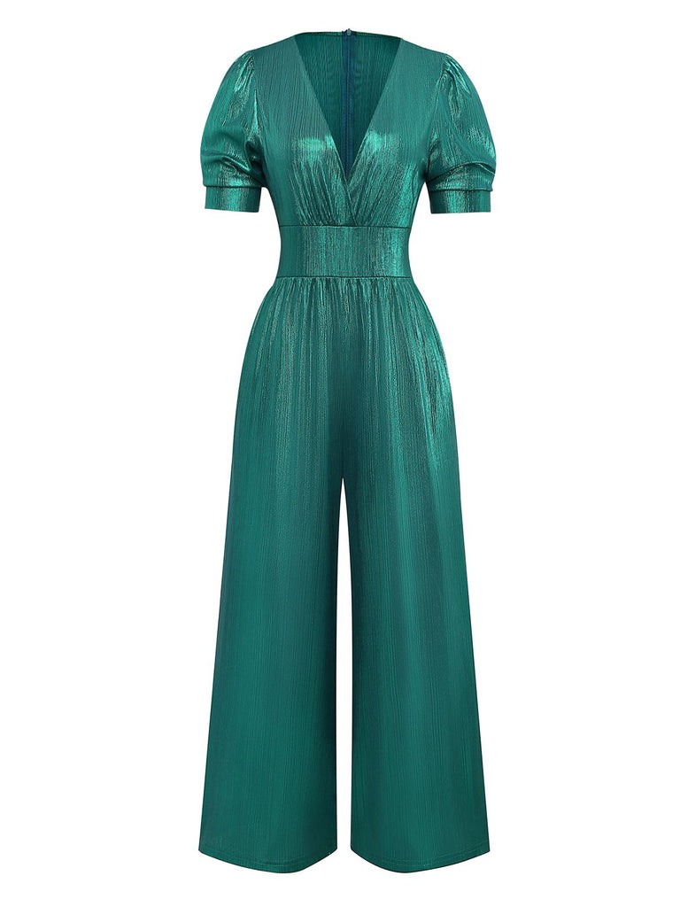 1970s Metallic V-Neck Wide-Leg Jumpsuit - vintage jumpsuit, retro fashion