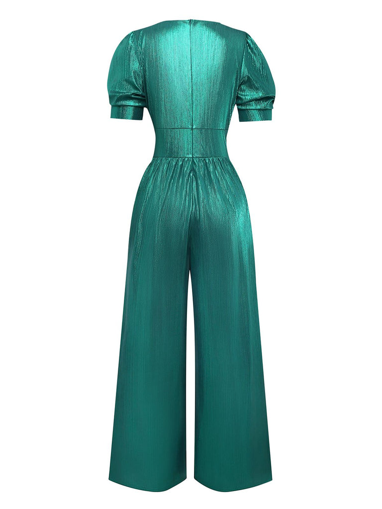 1970s Metallic V-Neck Wide-Leg Jumpsuit - vintage jumpsuit, retro fashion