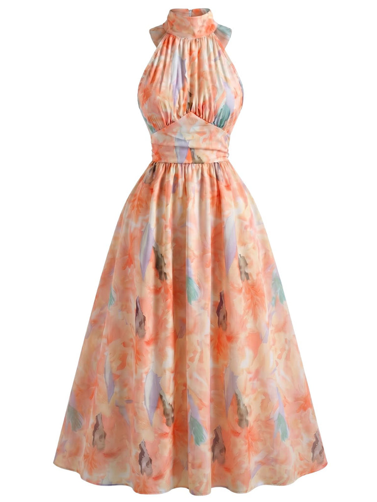 1970s Mock Neck Halter Floral Waist Dress 1970s Mock Neck Halter Floral Waist Dress
