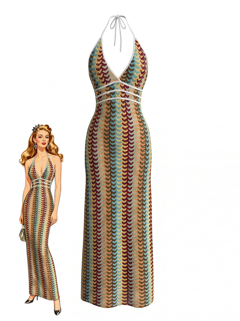 1970s Multicolor Chevron Knit Halter Backless Dress