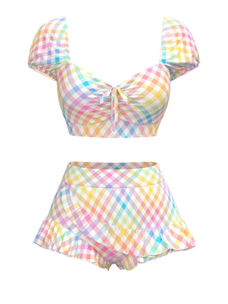 Multicolor Stars 1970s Puff Gingham Plaid Bikini Set - vintage fashion, retro style