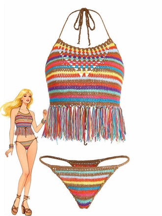 Multicolor 1970s Striped Tassel Crochet Halter Bikini Set - vintage fashion, retro style