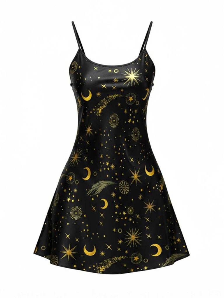 Black 1970s Spaghetti Strap Celestial Print Nightgown - vintage nightgown, retro sleepwear, classic black