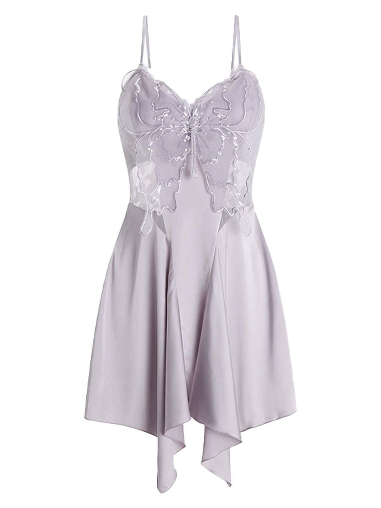 Lavender 1970s Lace Patchwork Stitching Butterfly Nightgown - vintage nightgown, retro sleepwear