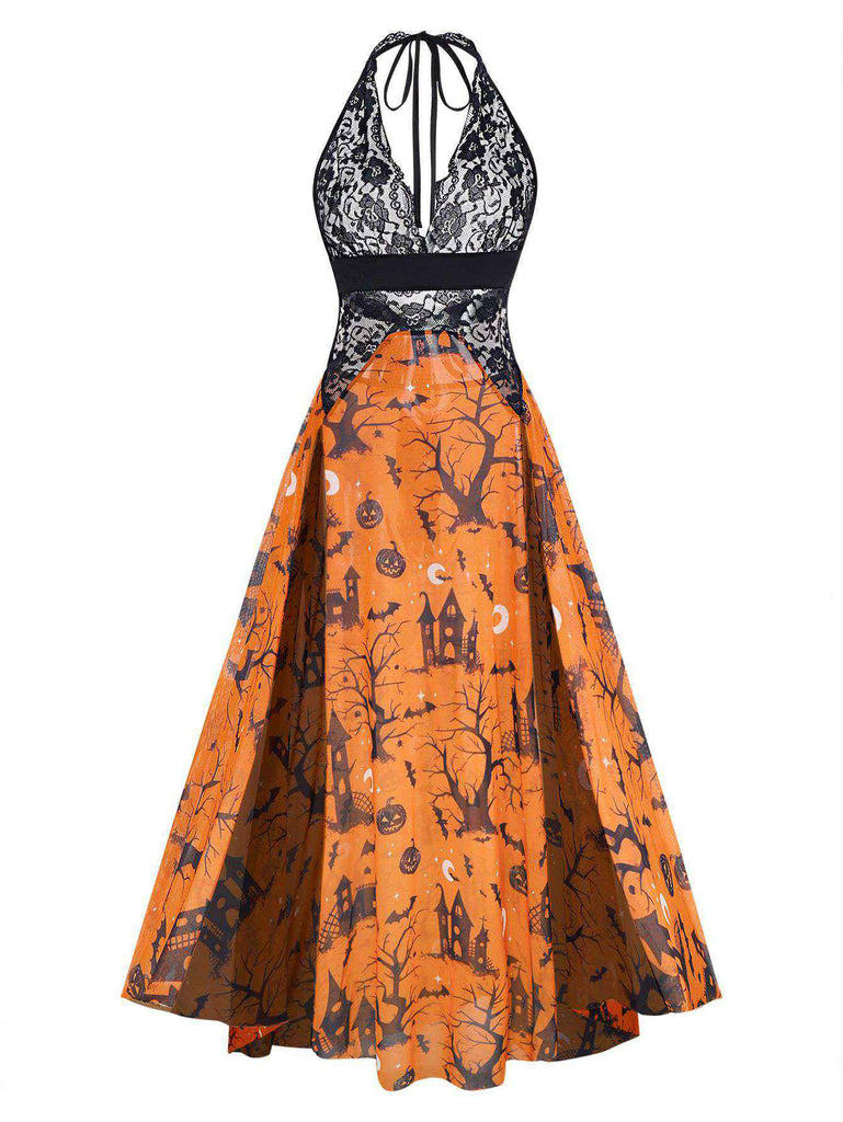 Orange 1970s Halloween Pumpkin Print Lace Halter Nightgown - vintage nightgown, retro sleepwear