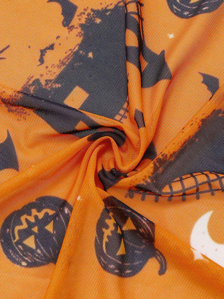 Orange 1970s Halloween Pumpkin Print Lace Halter Nightgown - vintage nightgown, retro sleepwear
