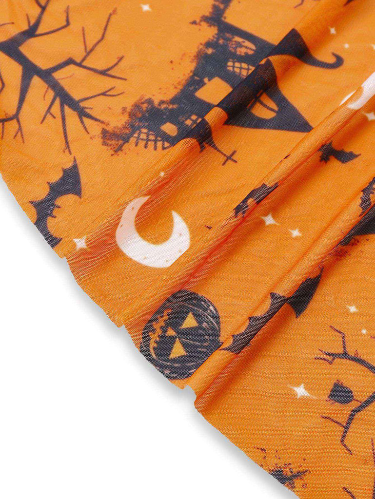 Orange 1970s Halloween Pumpkin Print Lace Halter Nightgown - vintage nightgown, retro sleepwear